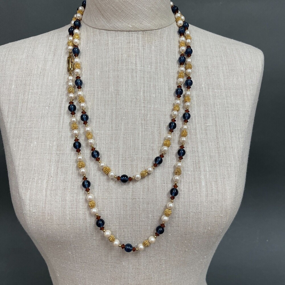Blueโ Brown White Gold Beads Beaded Women's Fashion Long Necklace NWOT